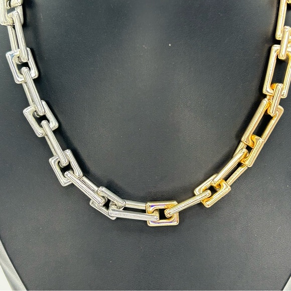 Two‑Tone Link Chain Necklace | Silver & Gold Tone Statement | Adjustable - Picture 3 of 6